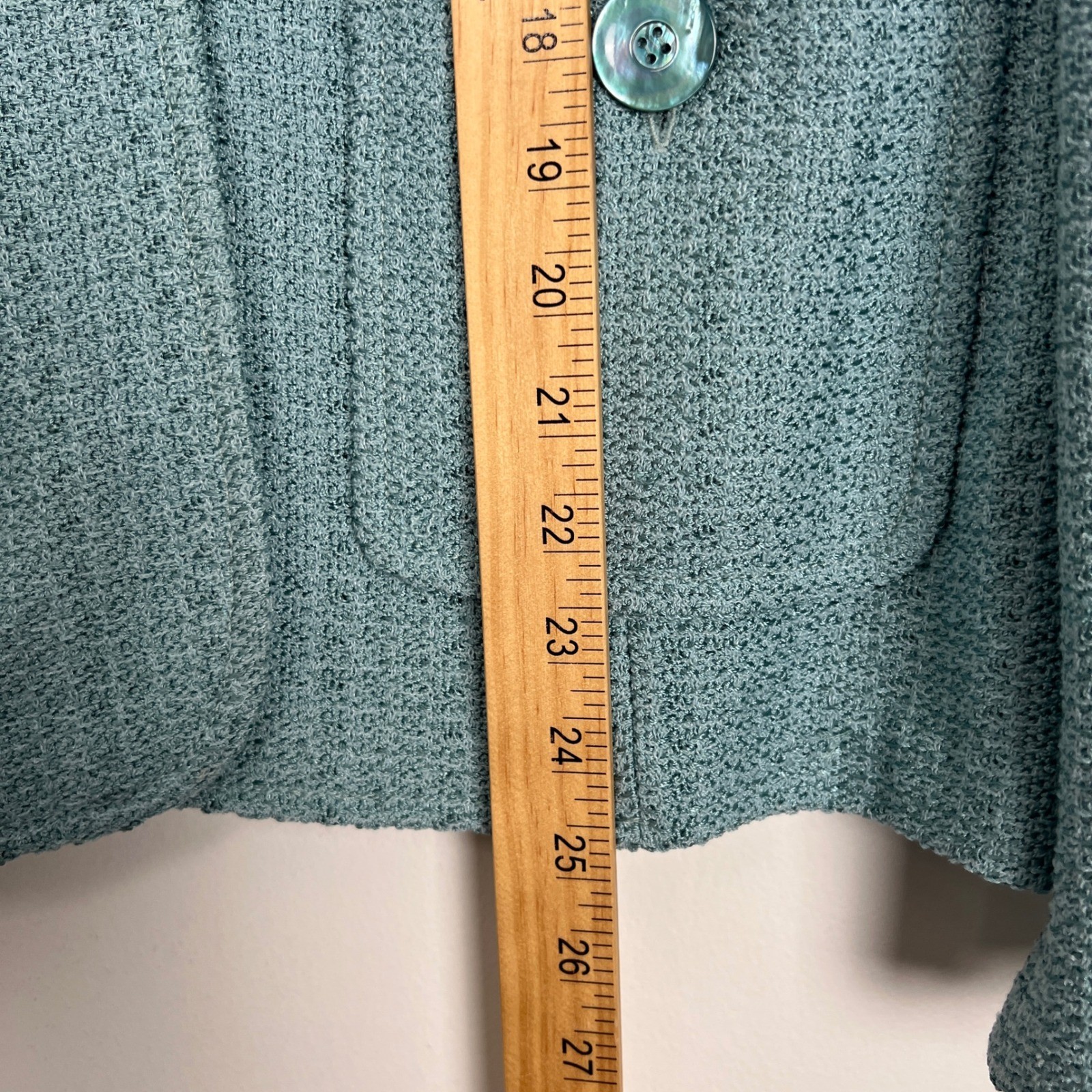 St. John Aqua Teal Blue Textured Knit Blazer Shell Jacket Size 14 USA V-Neck