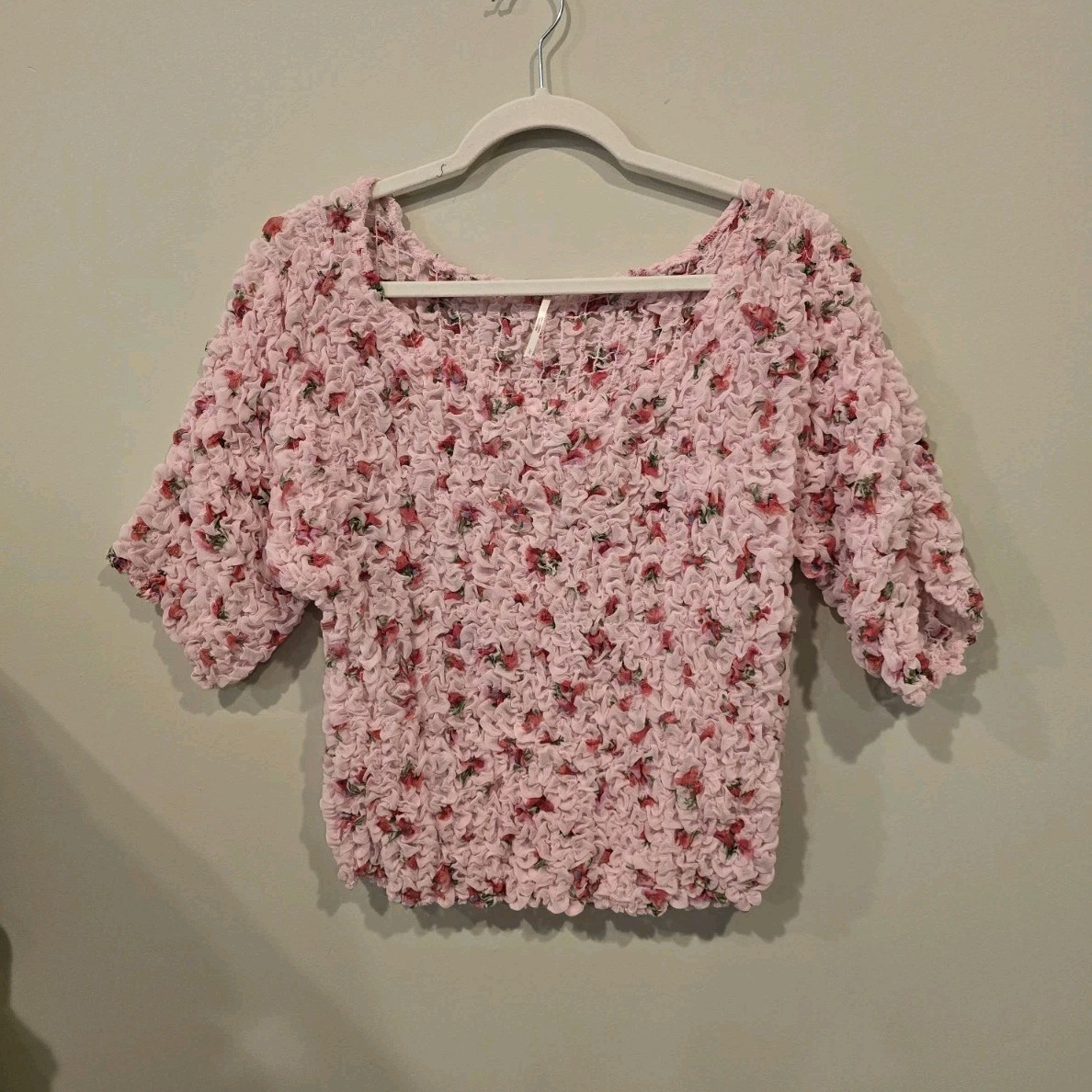 Free People Pink Floral Chiffon Ruffle Puff Sleeve Square Neck Blouse L