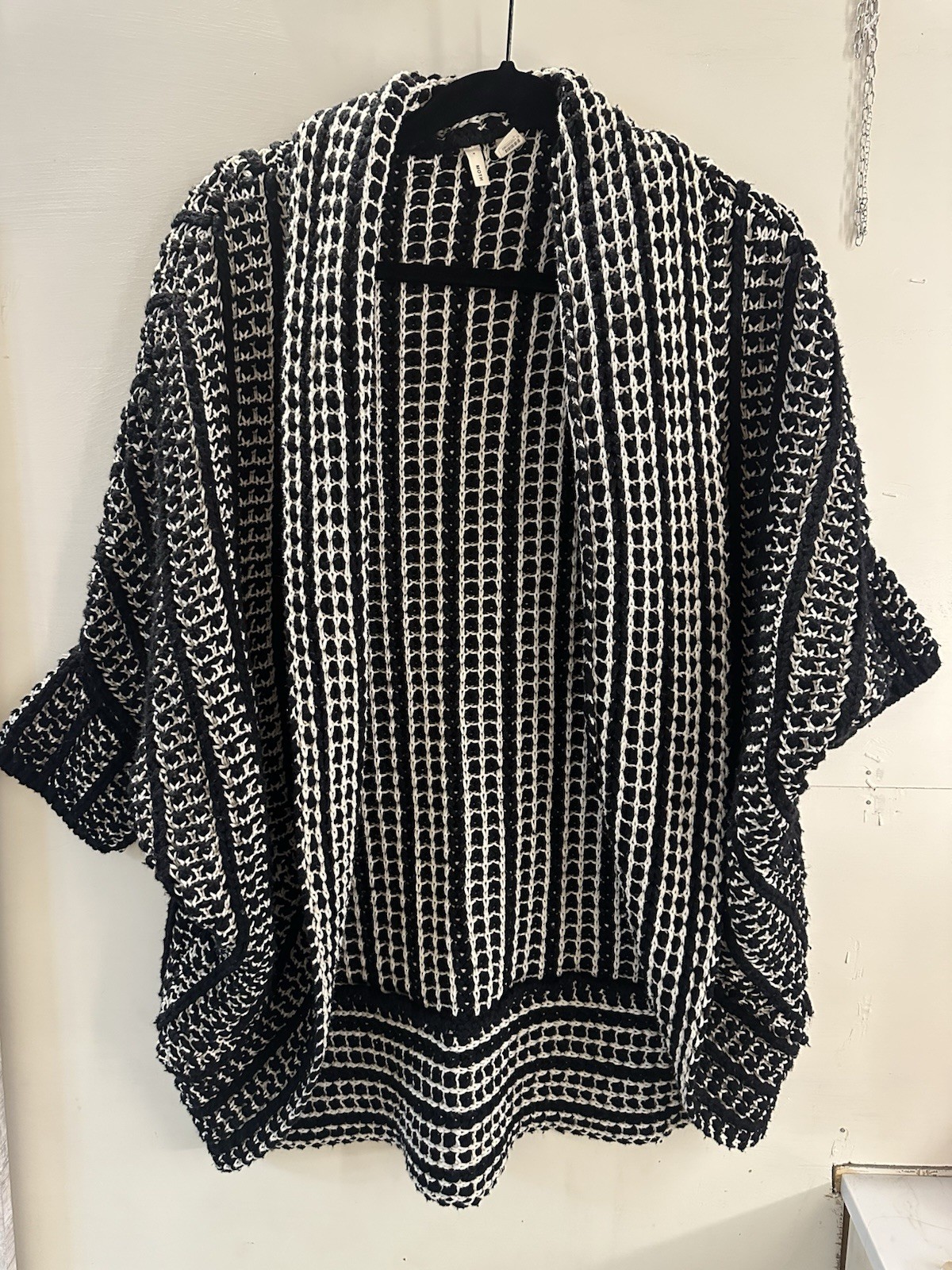 Moth Black White Geometric Knit Open Front Cardigan Sweater Womens L