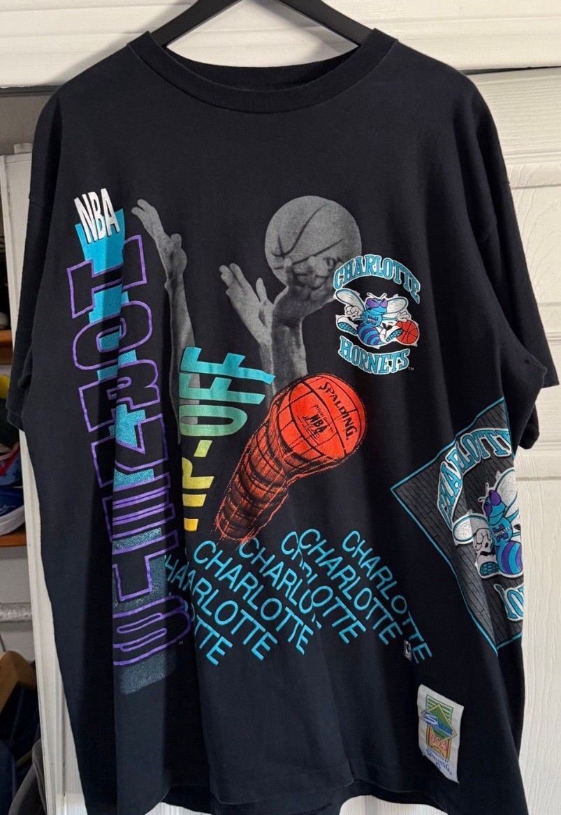 Vintage Charlotte Hornets Shirt Aerial Assault Big Logo Full Art Tee XL Salem