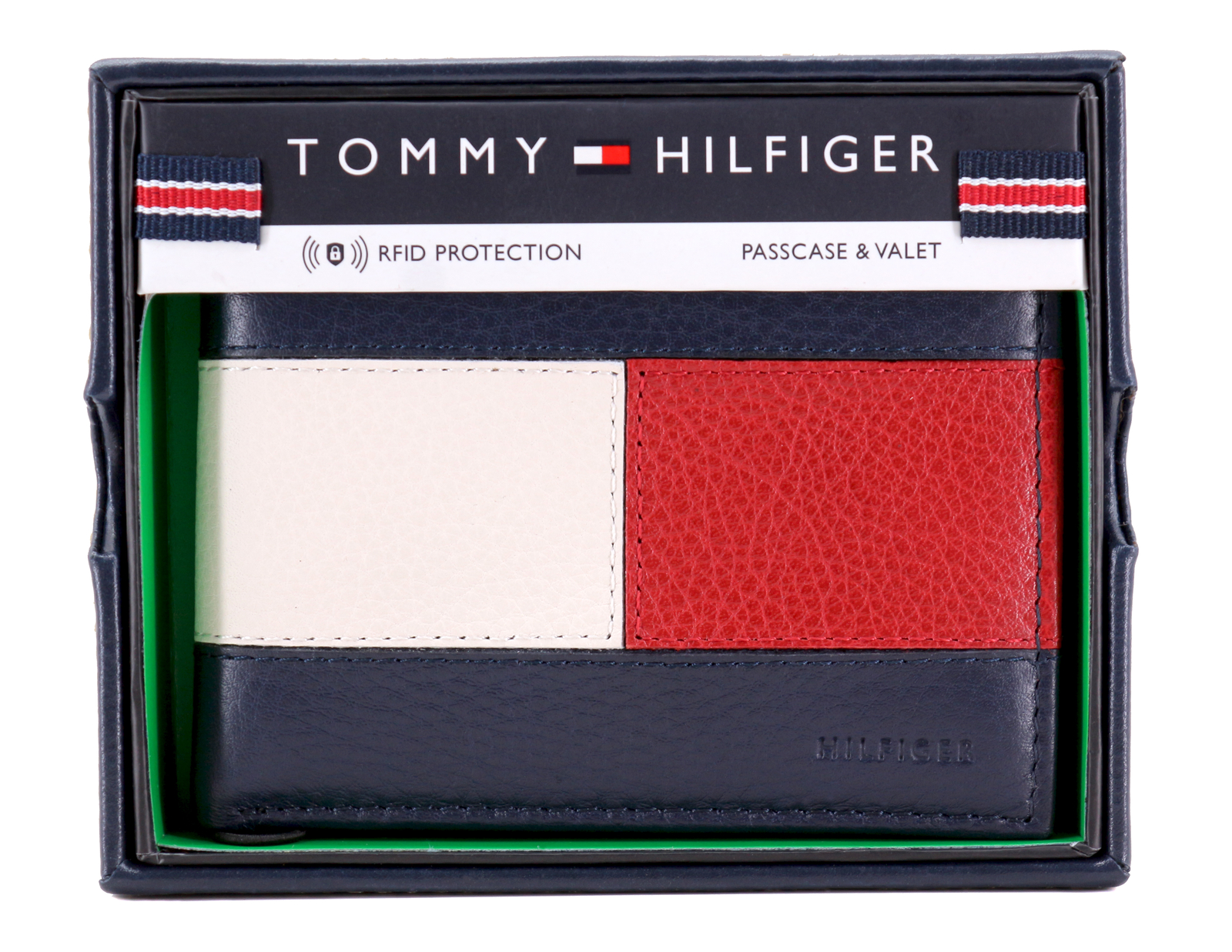 Tommy Hilfiger Men’s Premium Leather Double Billfold Passcase Rfid Wallet Navy