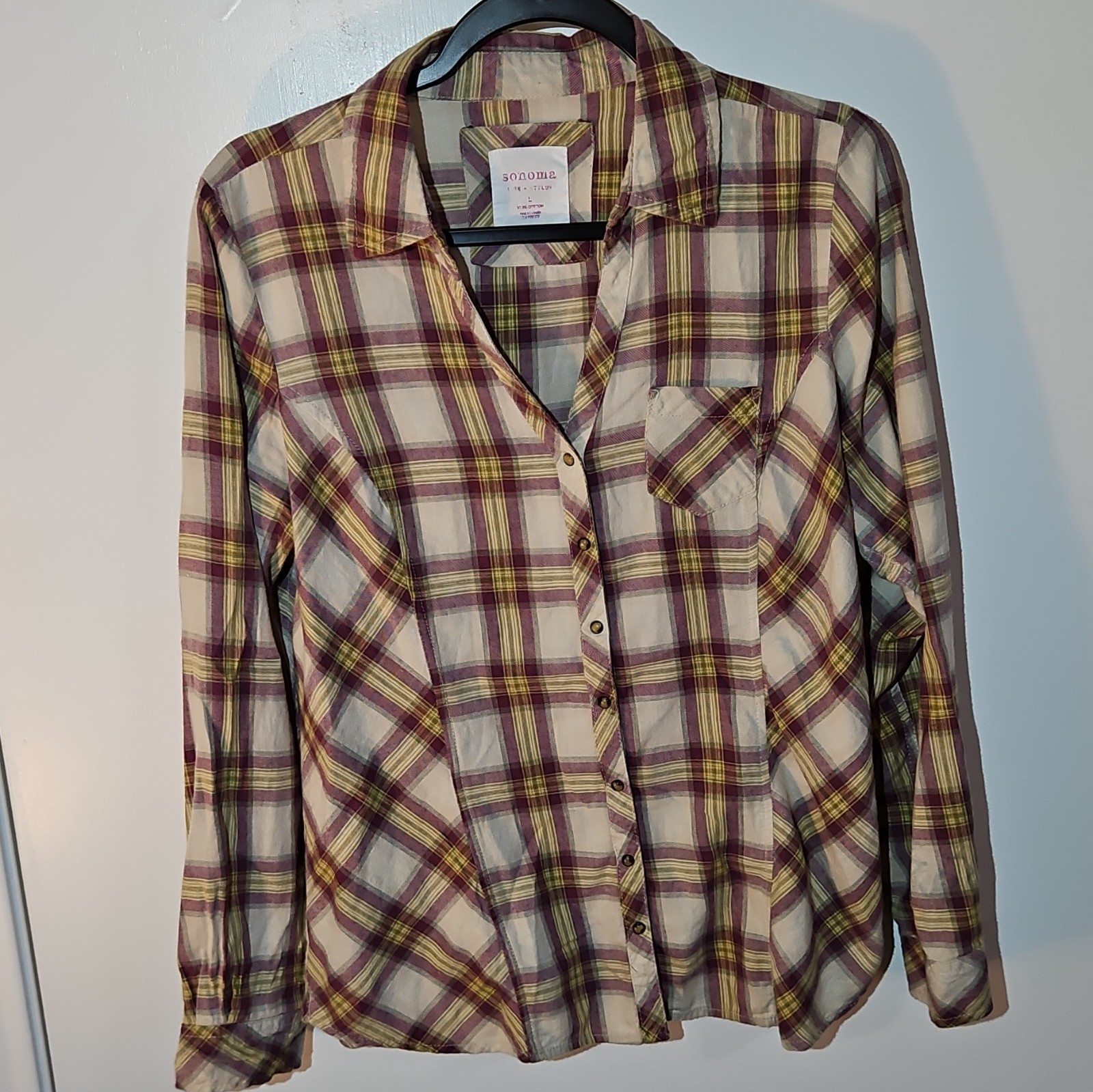 Sonoma Women’s L Purple/Beige/Yellow Plaid Woven Cotton Button-Up Shirt Pocket