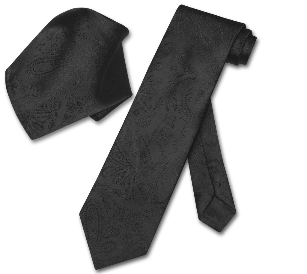 Vesuvio Napoli Black PAISLEY NeckTie and Handkerchief Matching Mens Neck Tie Set