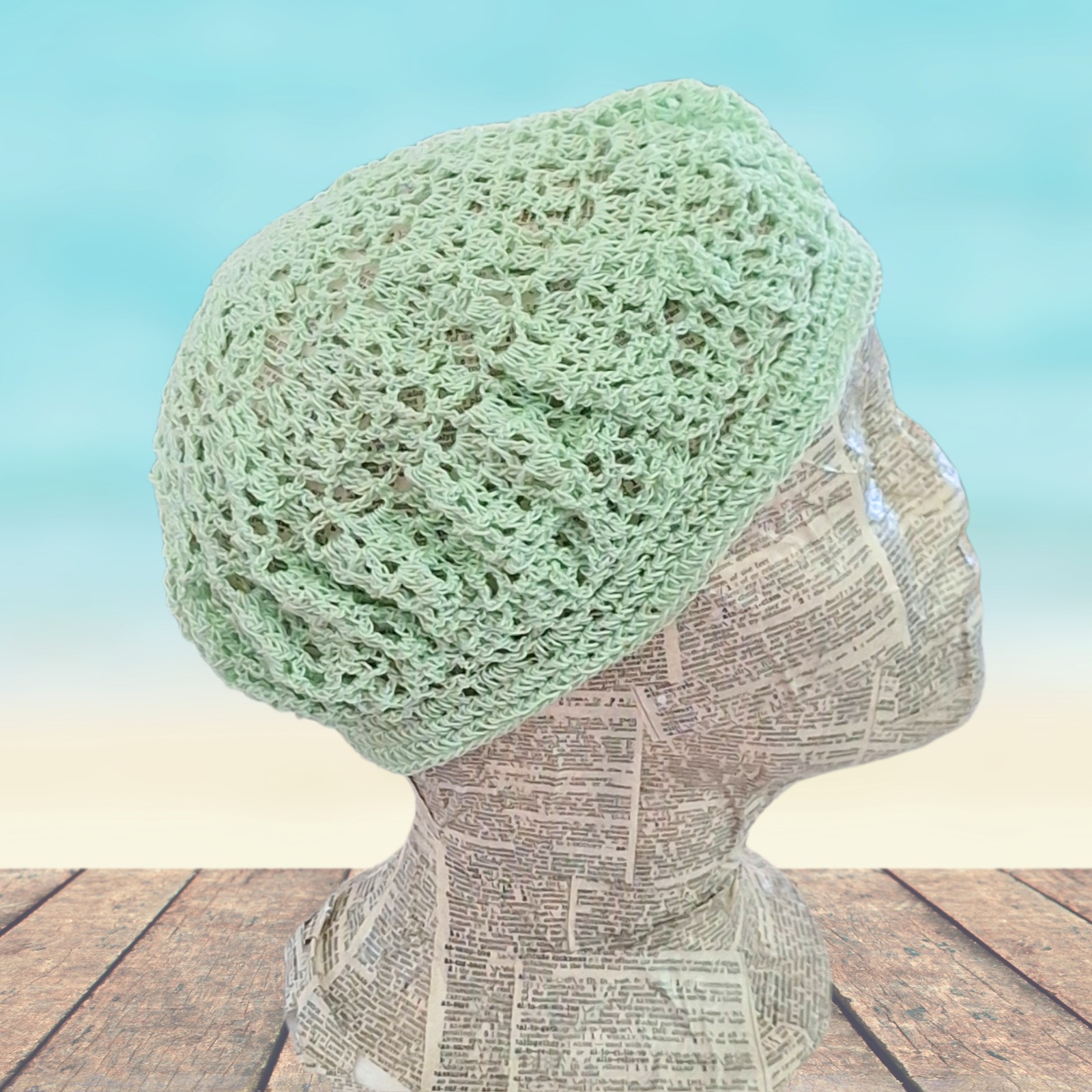 Crochet Lace “Boho” Hat – Light Green Cotton – Adult One Size