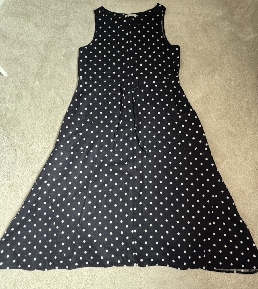 WOOLOVERS 100% LINEN NAVY/WHITE POLKA DOT SLEEVELESS DRESS SIZE 10, POCKETS