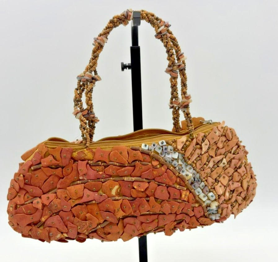 Mido Collection Tan And Red Brown Seashell Handbag