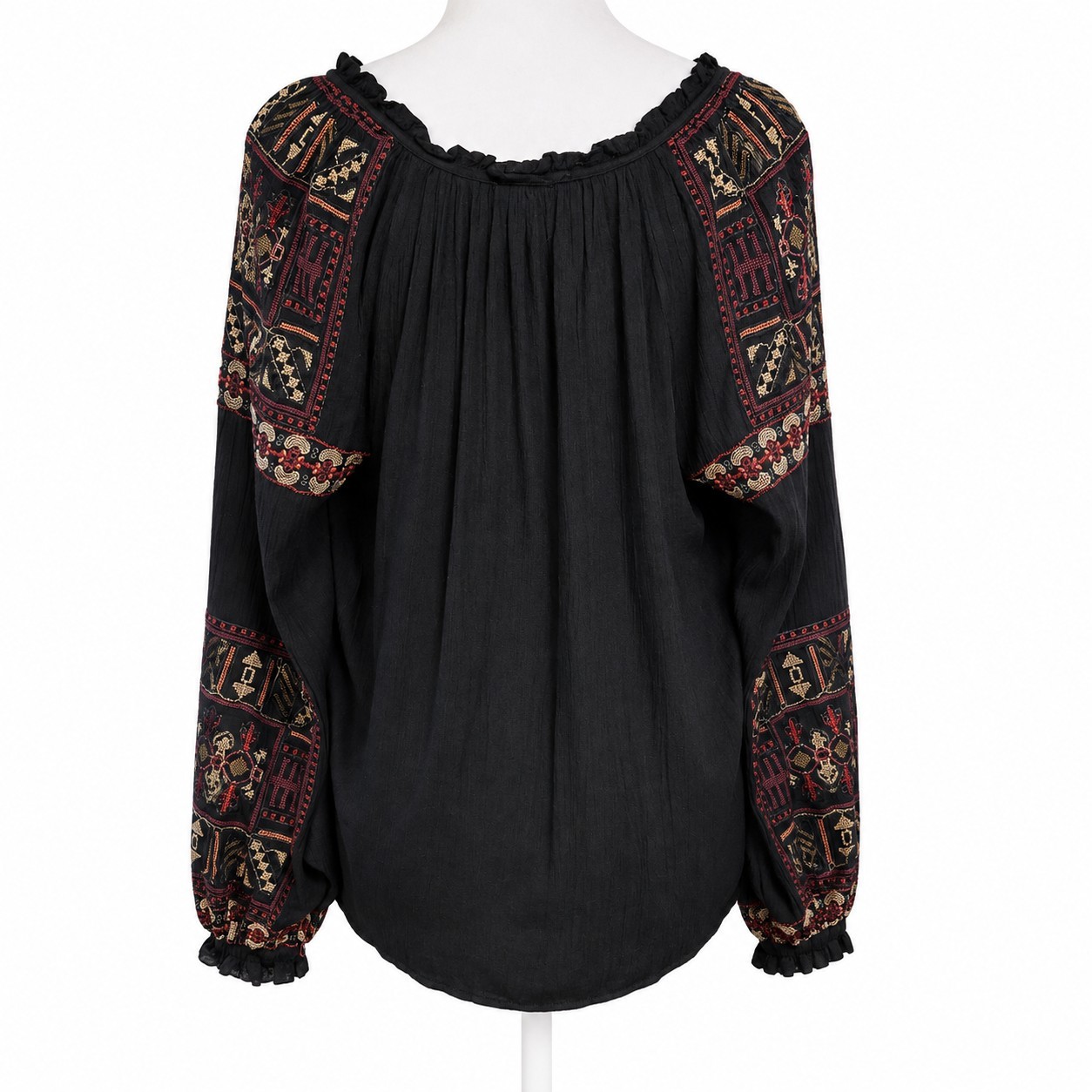American Eagle Embroidered Boho Peasant Top Women’s Small Black Tassel Viscose