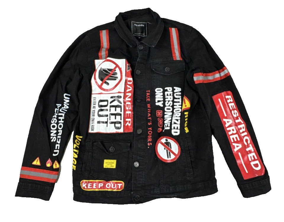 Reason Brand Men’s XXL Black Denim Jacket Danger Keep Out Warning Sign Patches