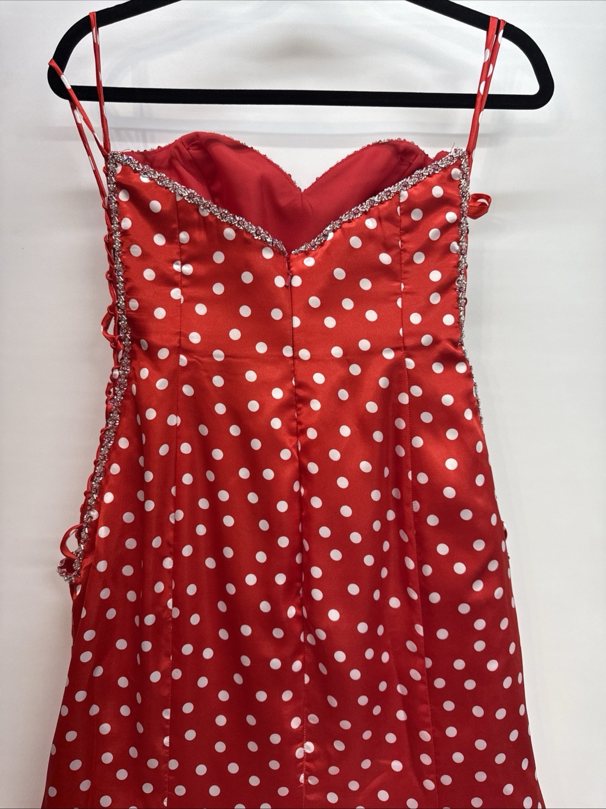 Mori Lee Formal Gown Maxi Dress Sz 13/14 Red White Polka Dot Beaded Sides LaceUp