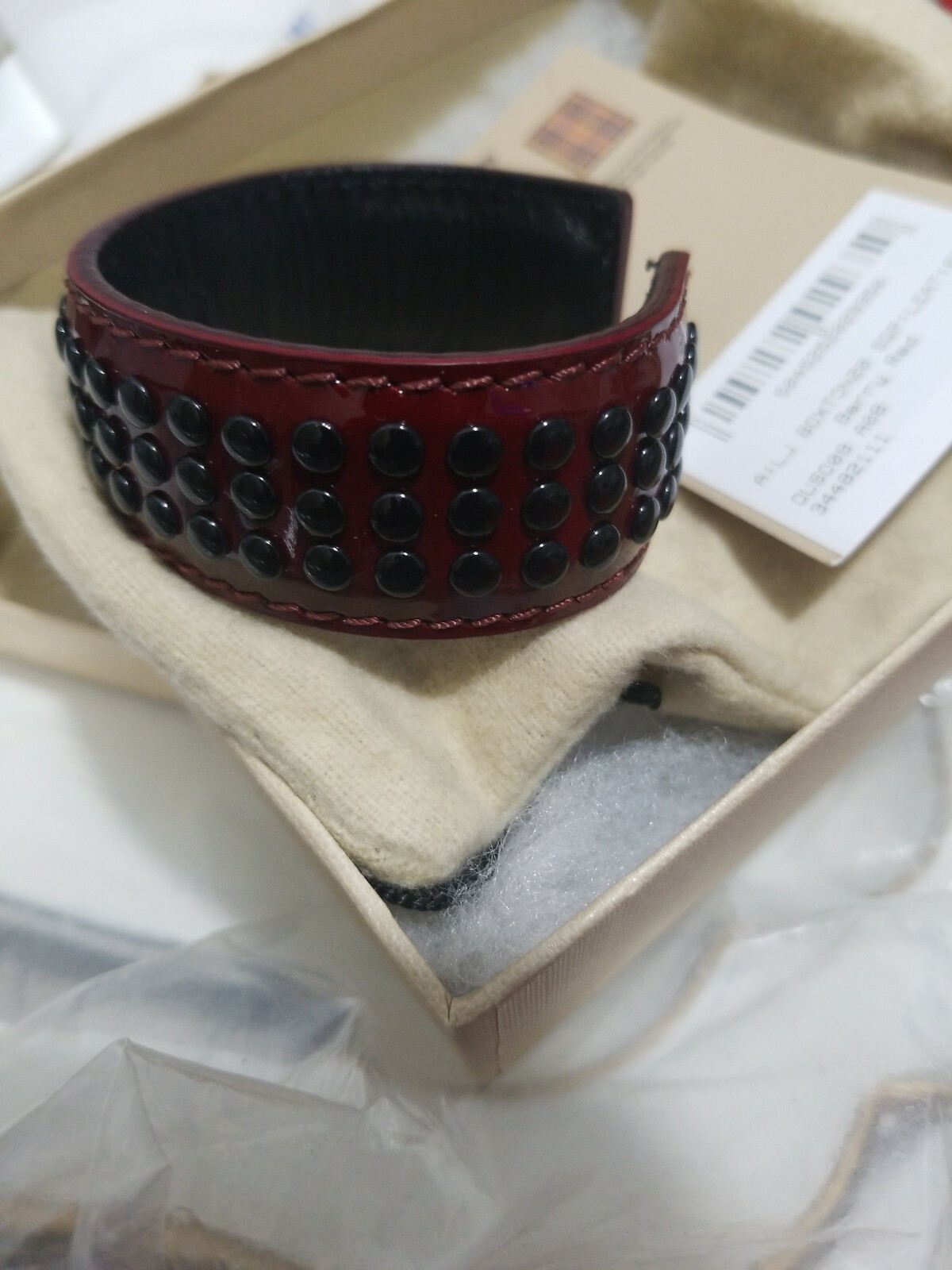 BURBERRY LEATHER CUFF BANGLE BERRY RED BLACK GROMMETS NEW TAGS UNISEX