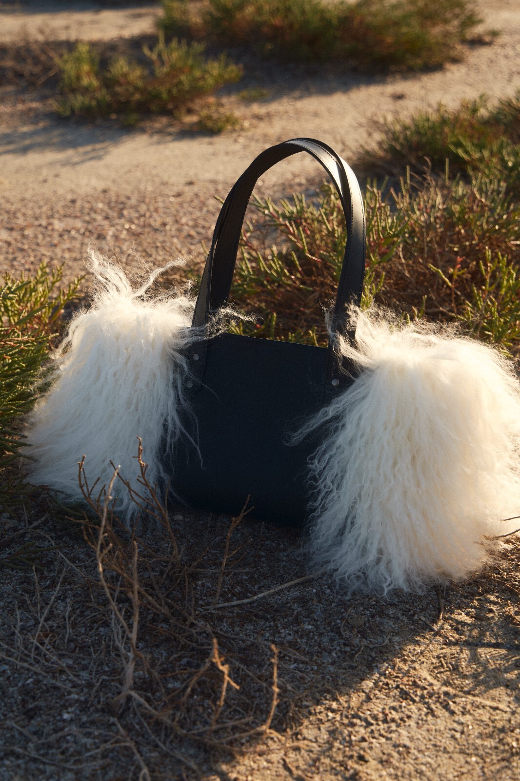 Black and white Women leather tote bag Lama fur bag Furry shopper Gift for women