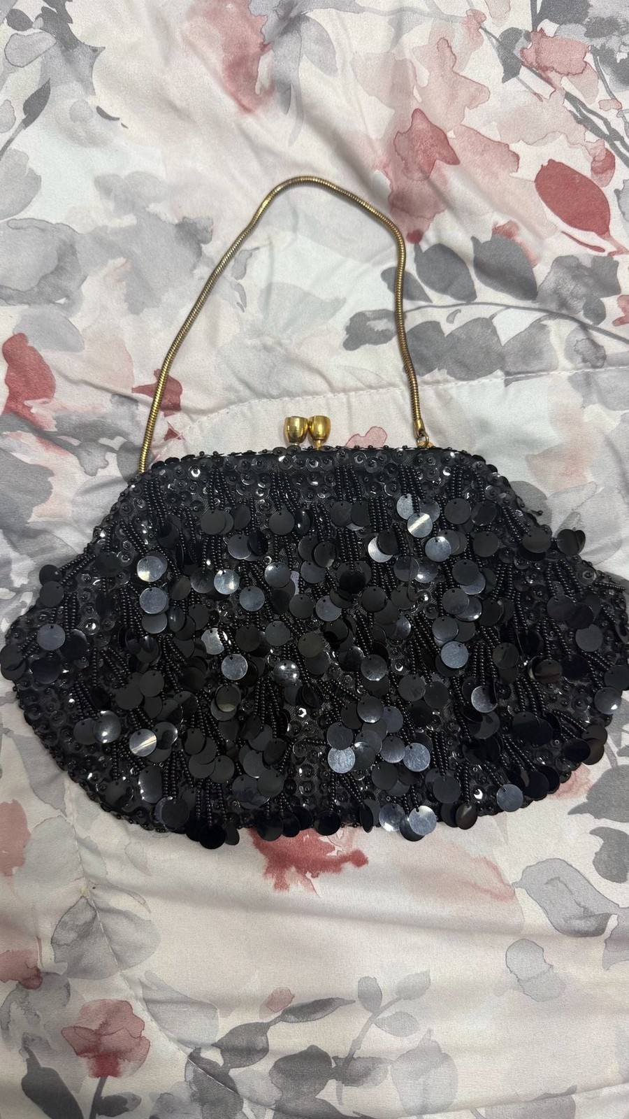 Vintage 1960s Black Beaded and Sequin Fringe Evening Bag Made in Hong Kong
