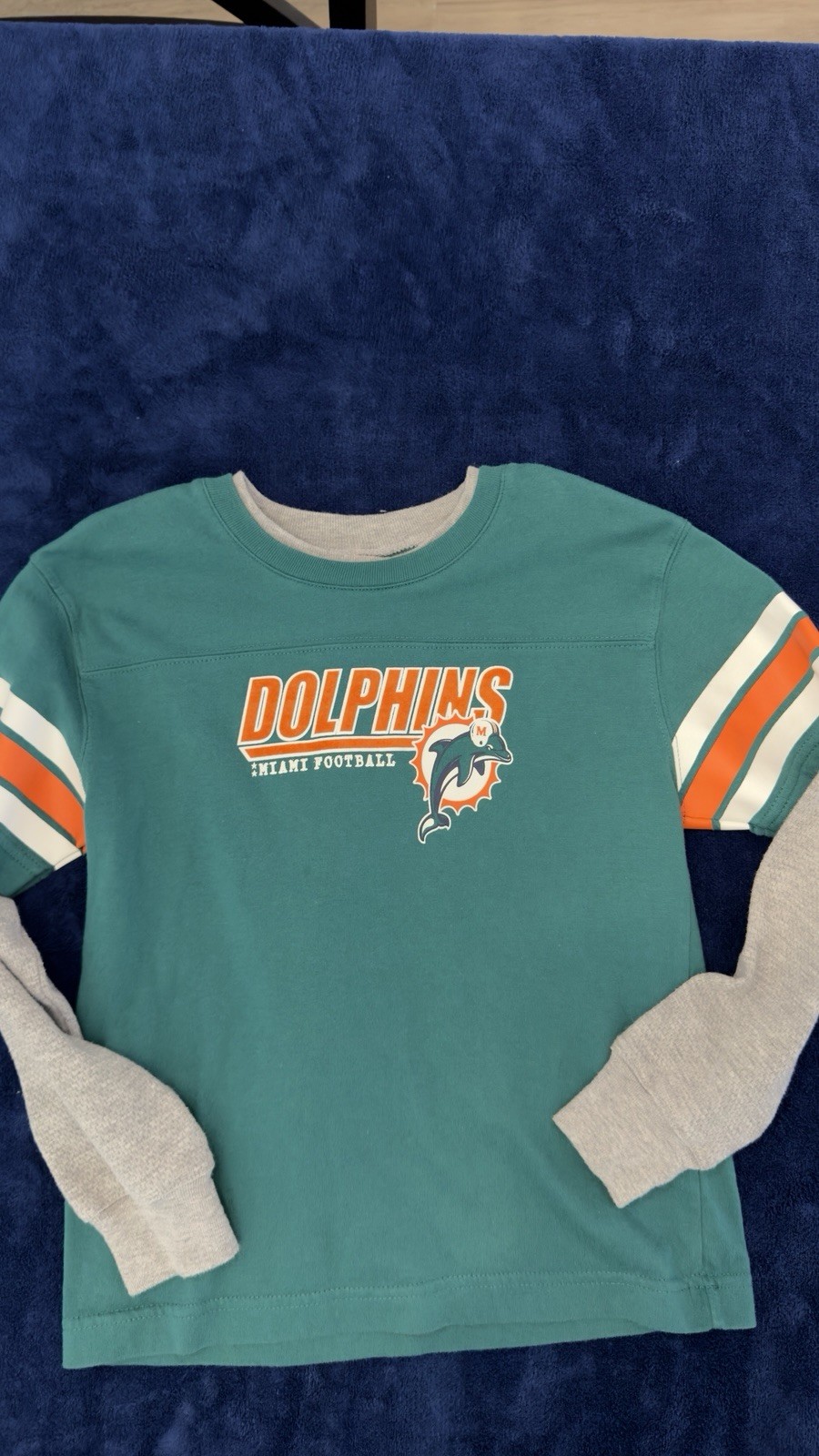 NFL Miami Dolphins Old Logo Youth L (7) Long Sleeve Tee Teal/Gray Orange/White