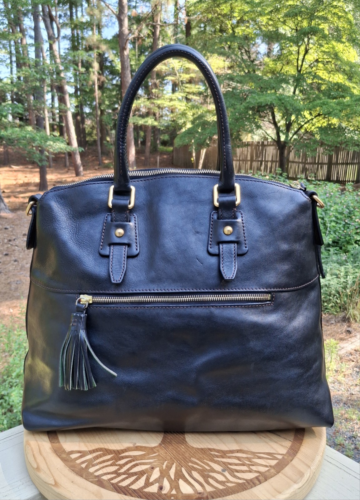 Dooney & Bourke Black Florentine Vacchetta Leather Clayton Satchel
