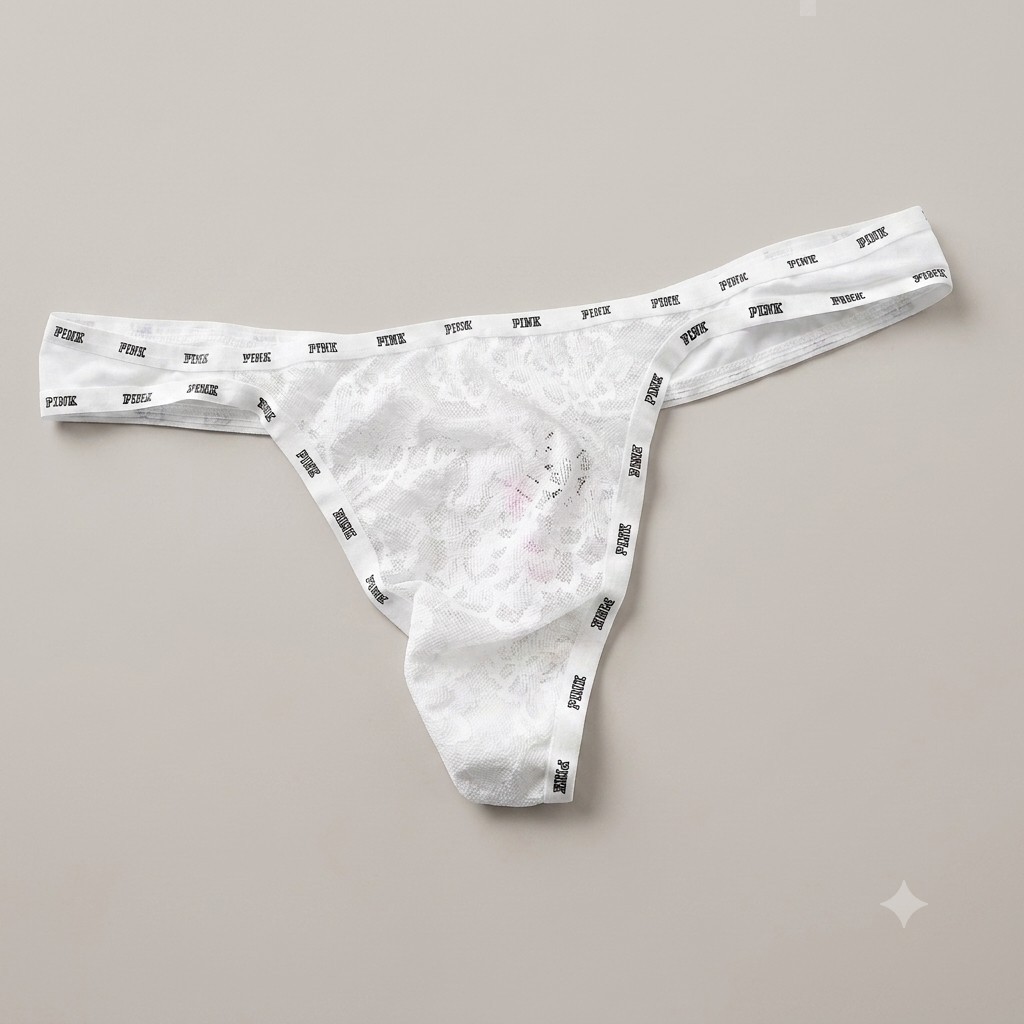 NWT VICTORIA’S SECRET PINK LARGE WHITE LACE MESH BLACK LOGO RARE THONG PANTIES