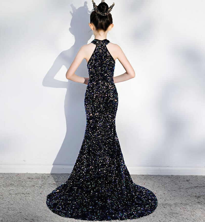 Black Sequined Slim Mermaid Sweep Train Long Maxi Ball Gown Dress Party Princess