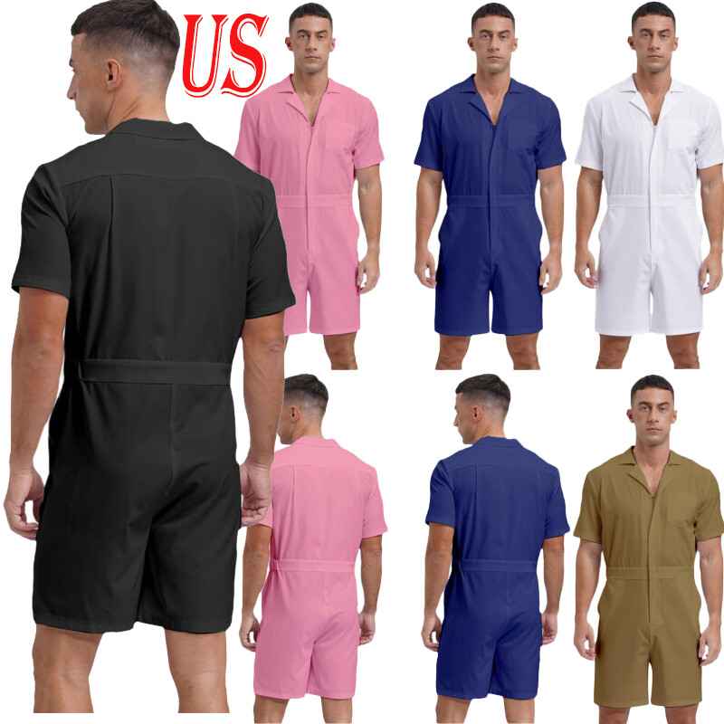Men’s Short Sleeve Overalls Jumpsuit Turn-down Collar Zipper Romper with Pockets
