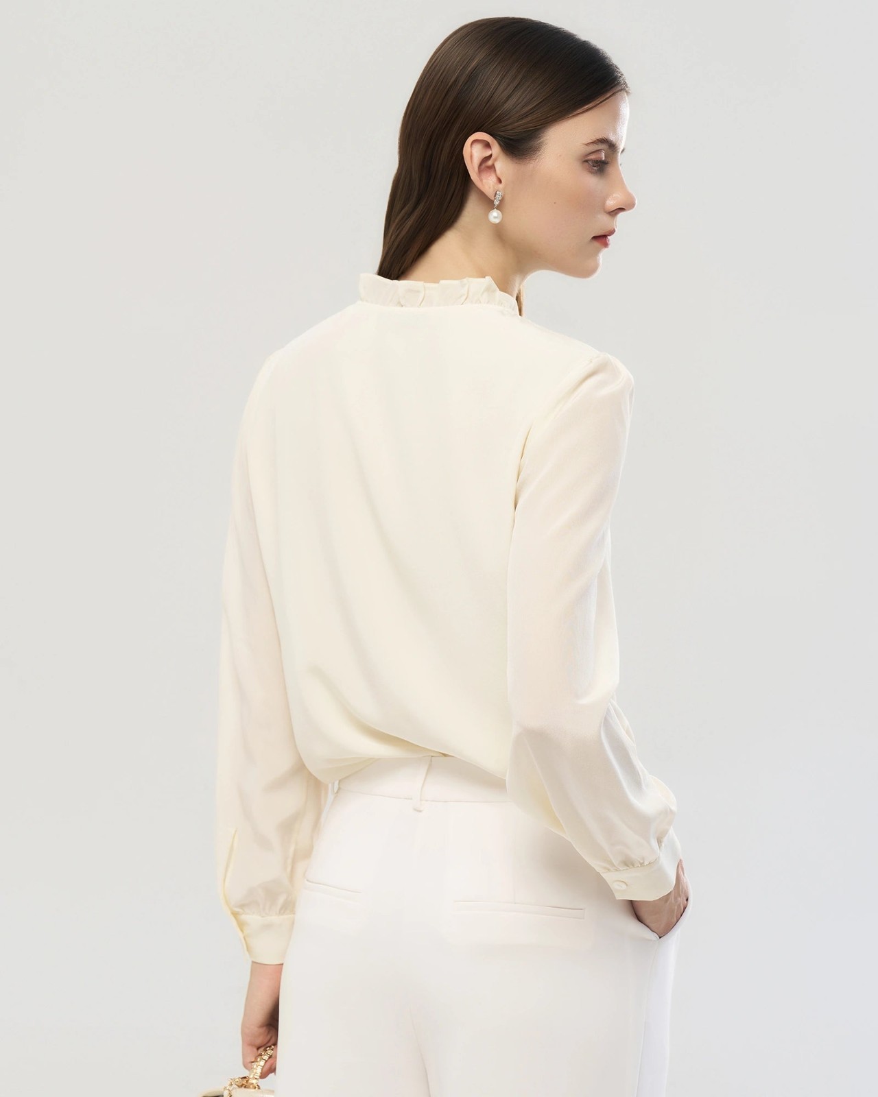 Long Sleeve Silk Blouse with Ruffle Trim