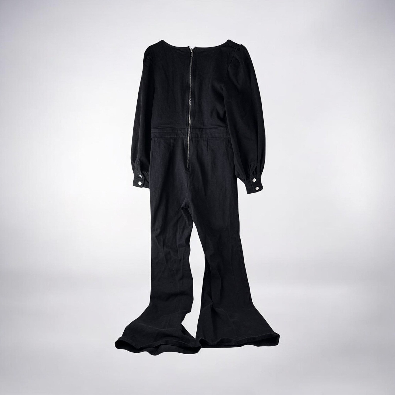 Flying Tomato Black Denim Jumpsuit Puff Sleeve Wide Leg Square Neck IP7509 L