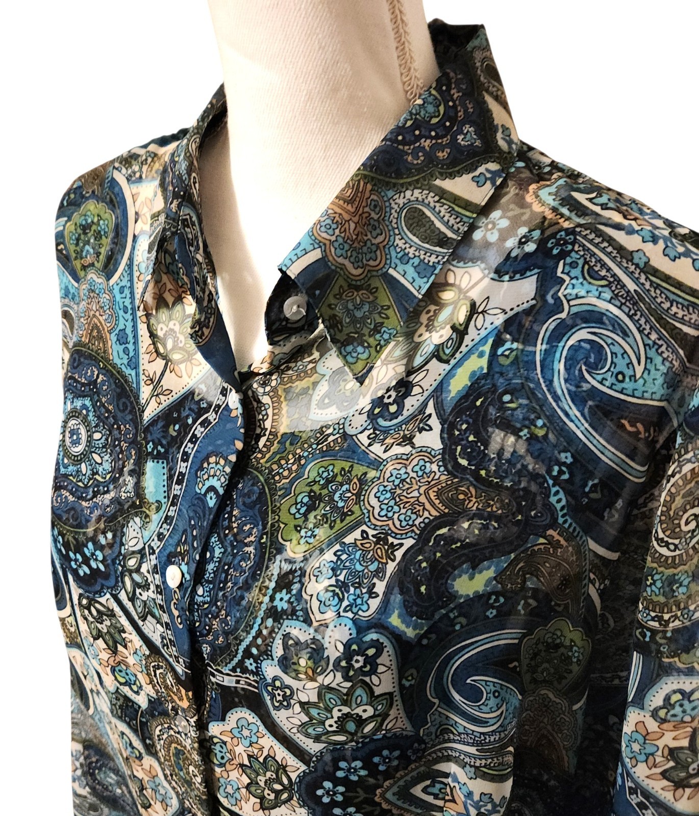 Nicola Sheer Button Up Blouse w/ Ruched Tank Top Blue Paisley Womens Size XL