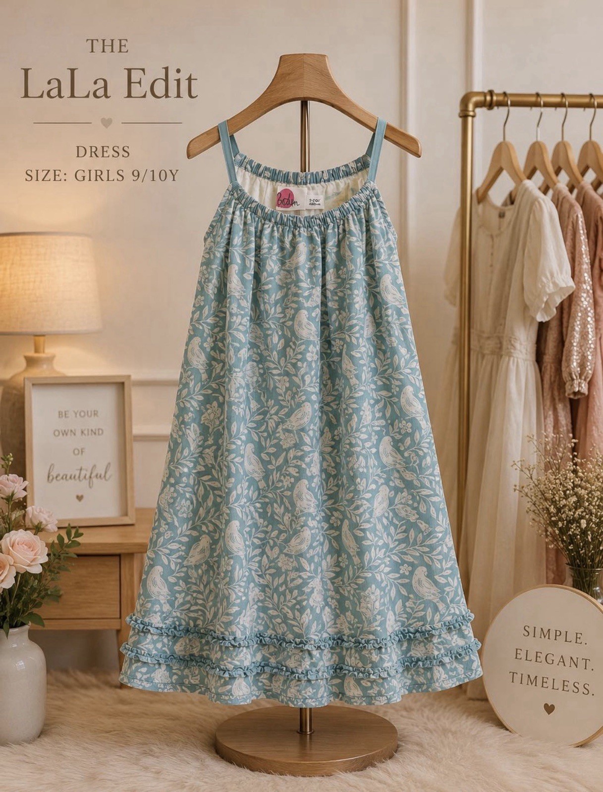 Mini BidenGirls 9/10Y Sundress Blue/White Floral Sleeveless Ruffle Knee