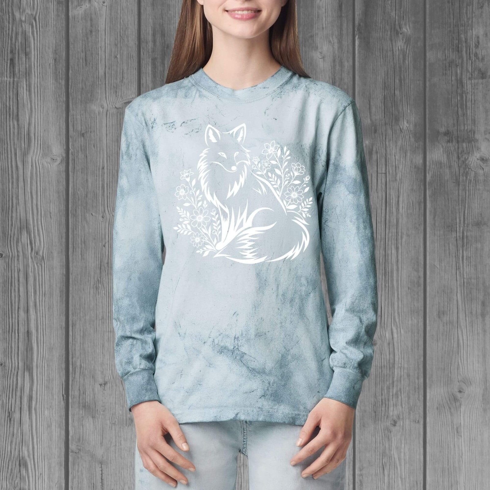 Fox Floral Blue Tie Dye Long Sleeve Shirt Women | 100% Cotton Comfort Colors