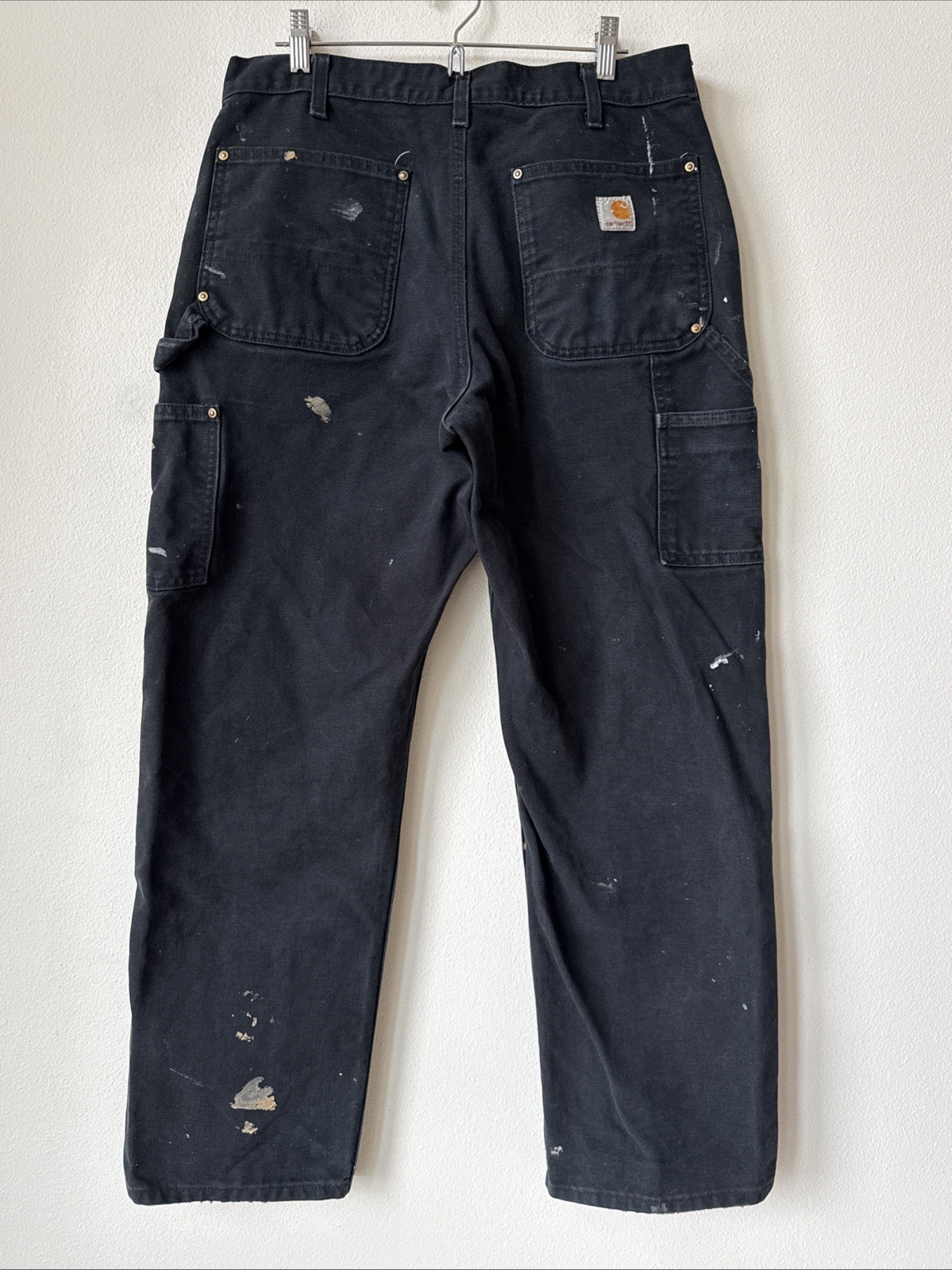 THRASHED Carhartt B01 BLK Dungaree Fit Double Knee Duck Jean 33X30 Work Distress