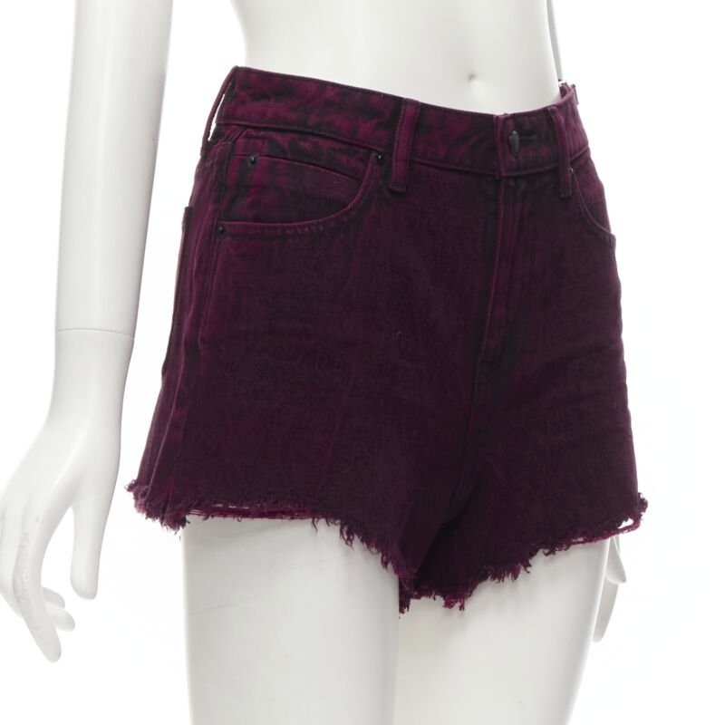 ALEXANDER WANG Bite berry red black washed side zip frayed denim shorts 25″