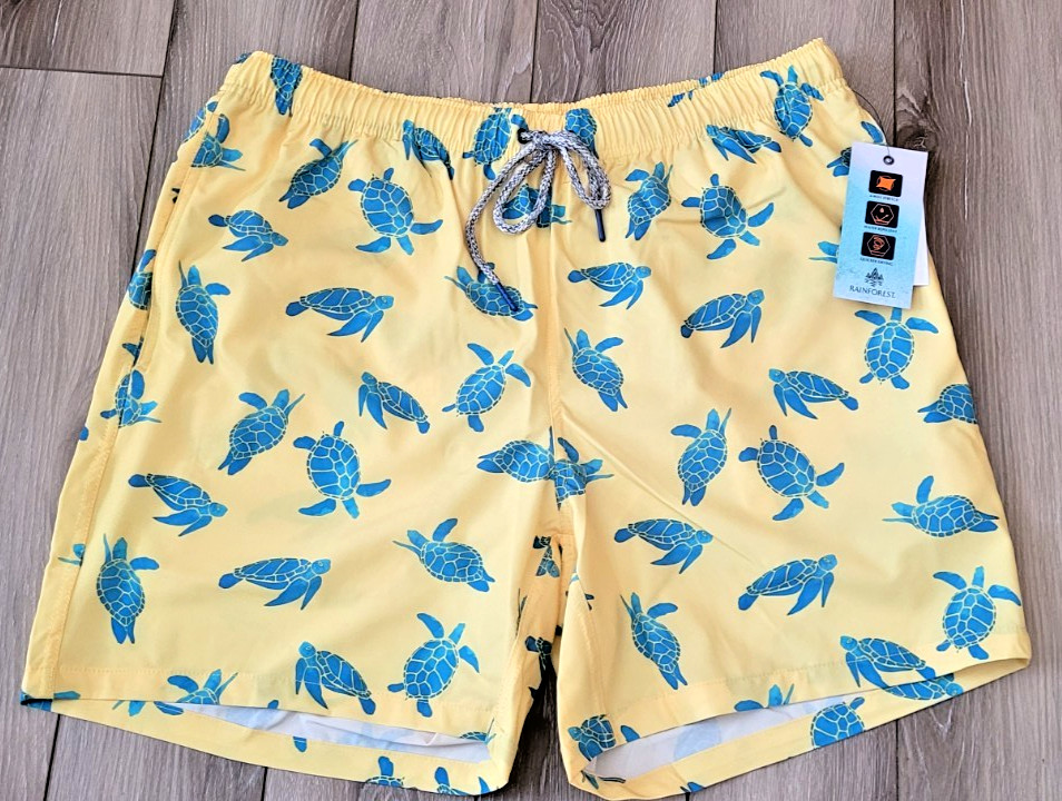 RainForest Mens Swim Trunks Shorts L Pull-On Stretch Waist Lined Turtles Yellow