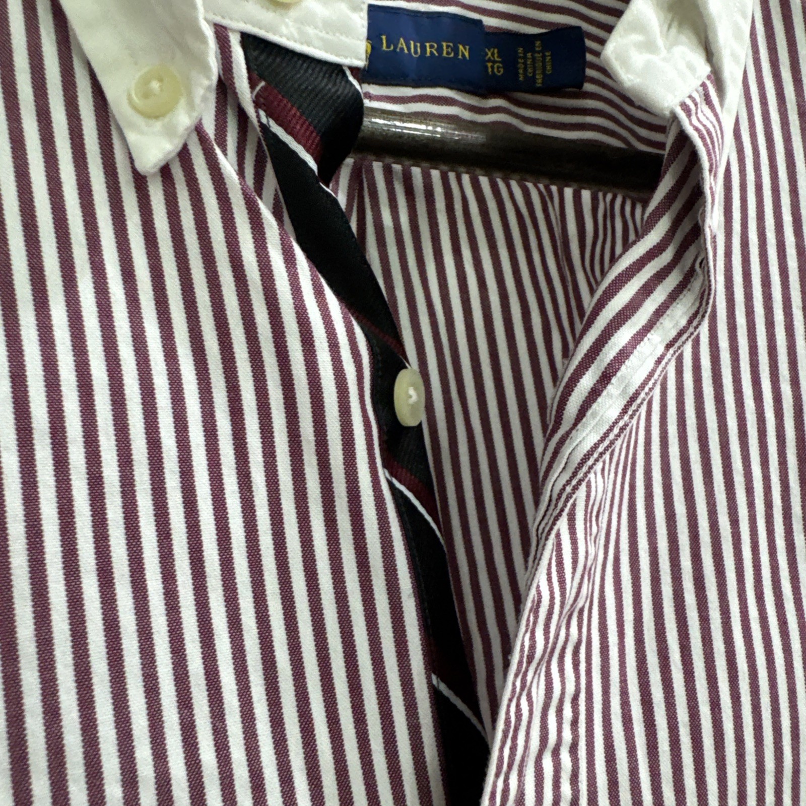 Ralph Lauren Rugby Shirt Men’s XL burgundy Striped White Collar Long Sleeve
