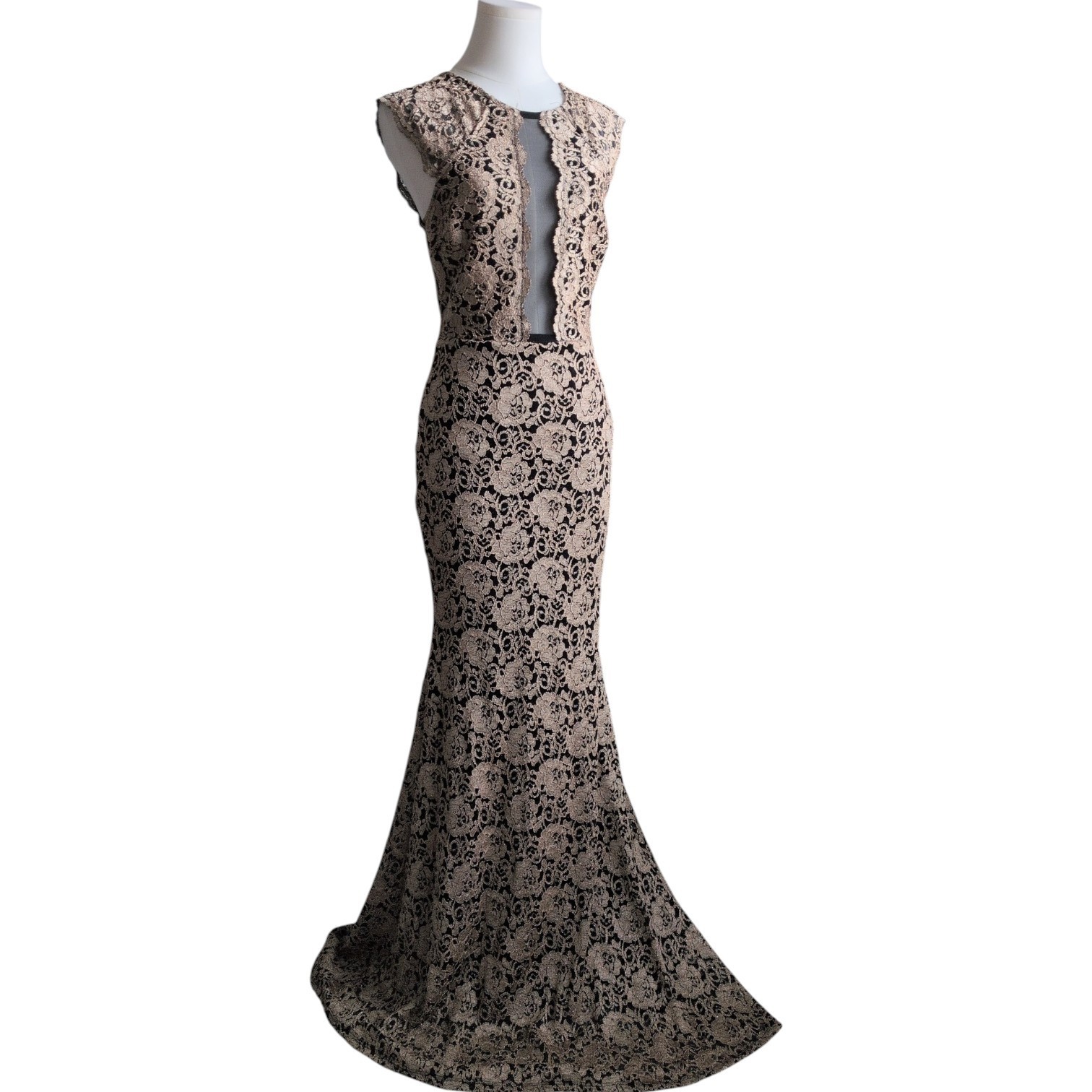Cameo Black Gold Lace Mermaid Gown Illusion Plunge Formal Dress Size Large