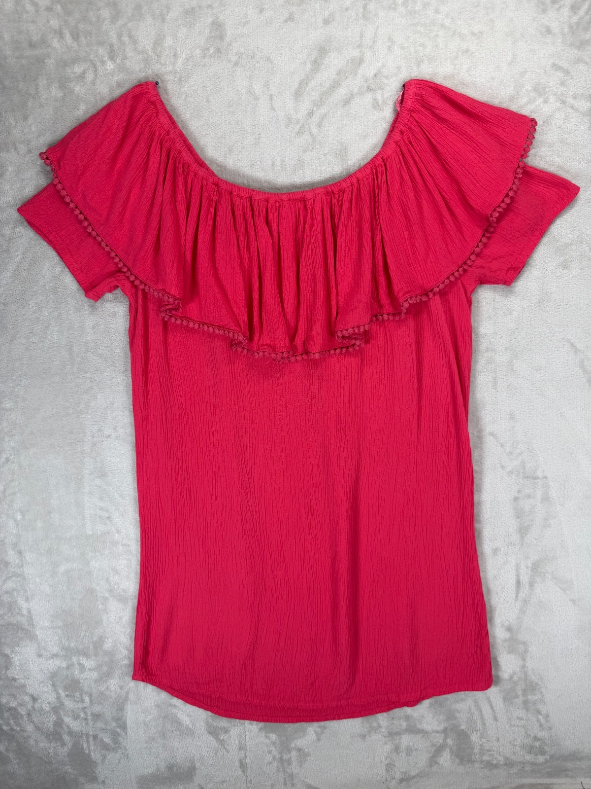Kaktus L Hot Pink Off Shoulder Mini Dress Boho Peasant Ruffle Gauze Vacation