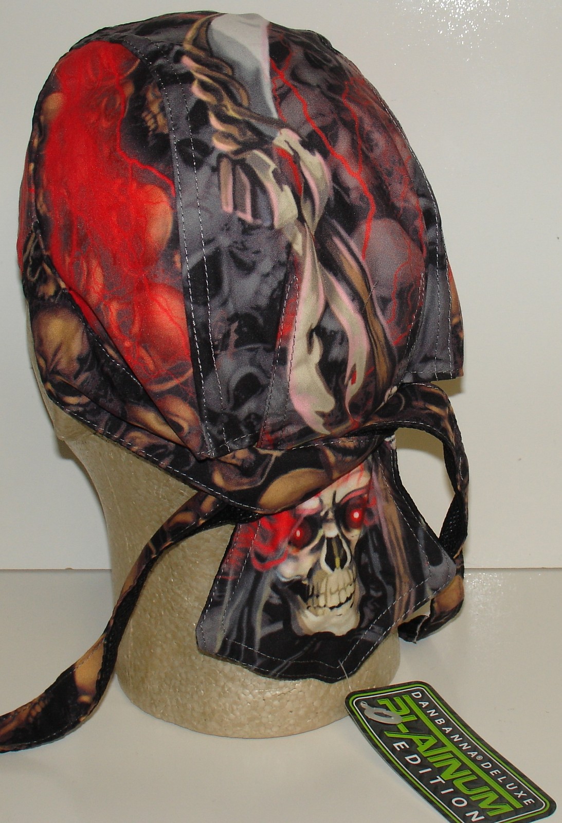 Red Black Tan Catacombs Skull Platinum Durag Doo Rag Cap Biker Durag Sweatband