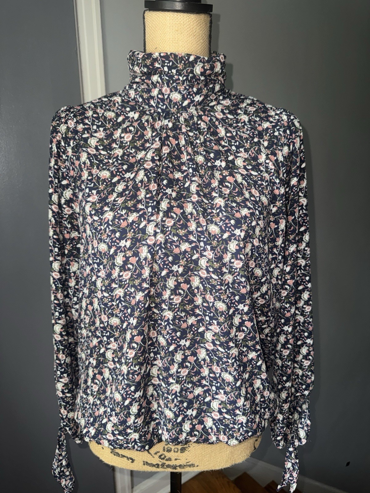 Allison Joy Floral Blouse Small High Neck Boho Cottagecore Tie Sleeve