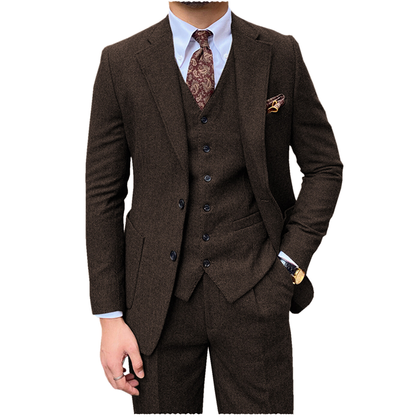 Mens 3Pcs Tweed Suit Wool Herringbone Tuxedo Suits Blazer+Vest+Pants 42r 44r 46r