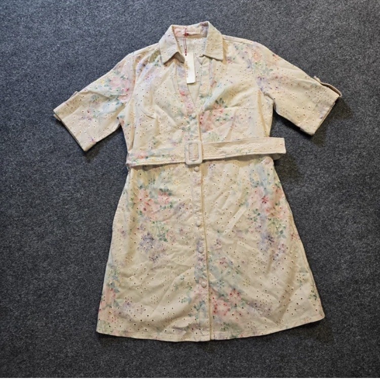 Solitaire Dress Womens Size XS Yellow Pink Floral Eyelet Lace Belted Cottage