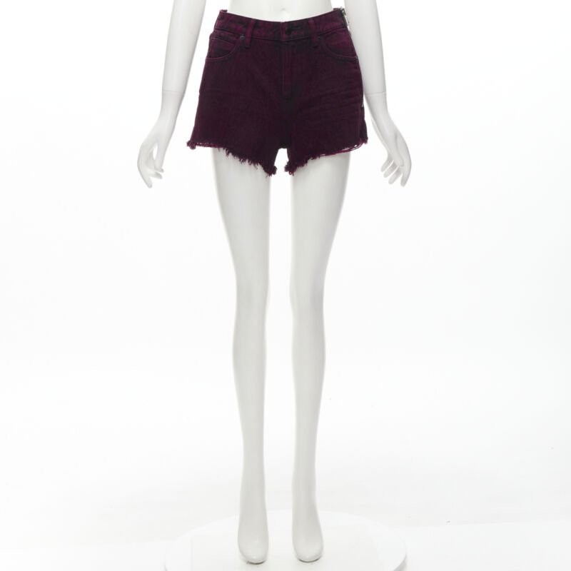 ALEXANDER WANG Bite berry red black washed side zip frayed denim shorts 25″