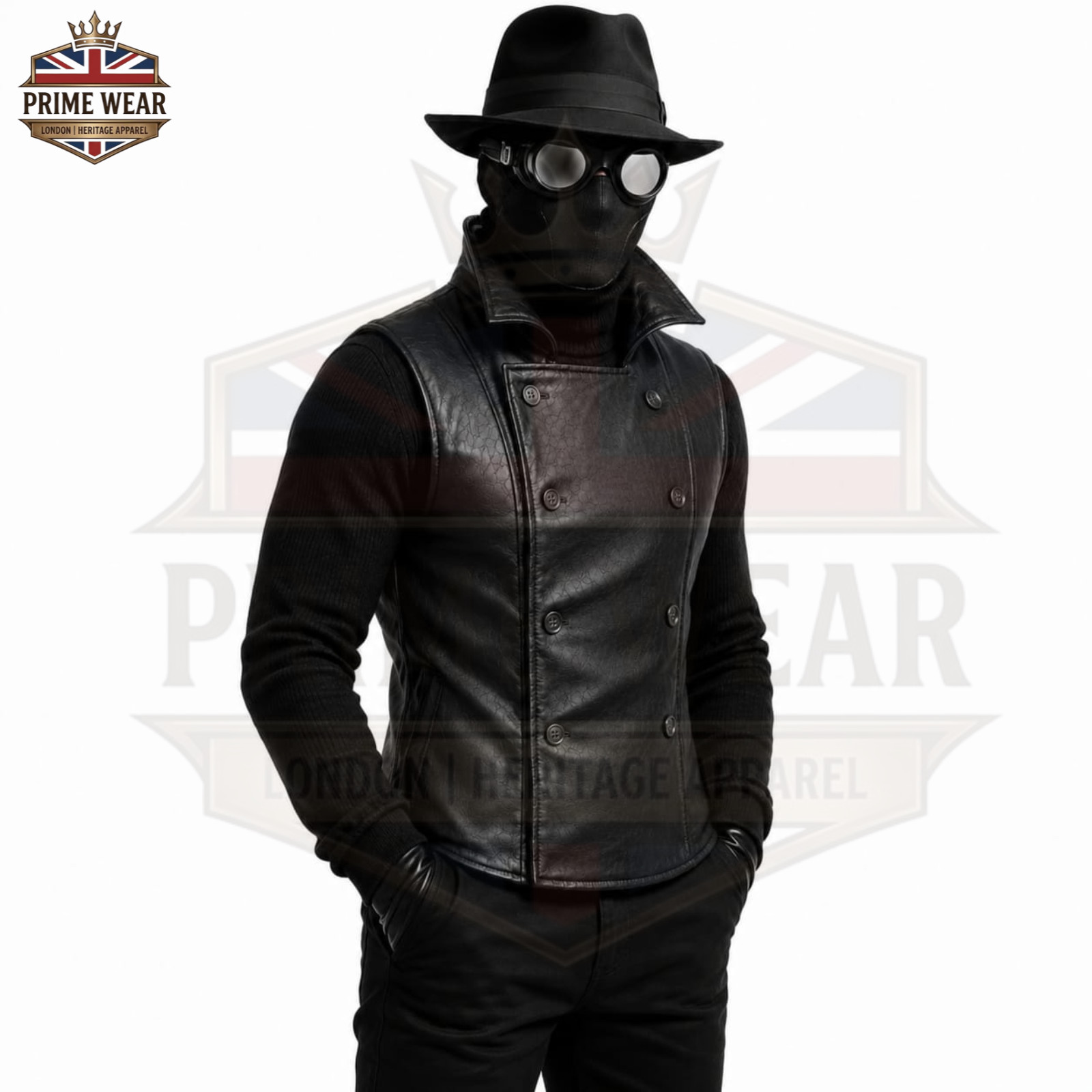 Men’s Black Genuine Spider Noir Leather Double Breasted Sleeveless Vest