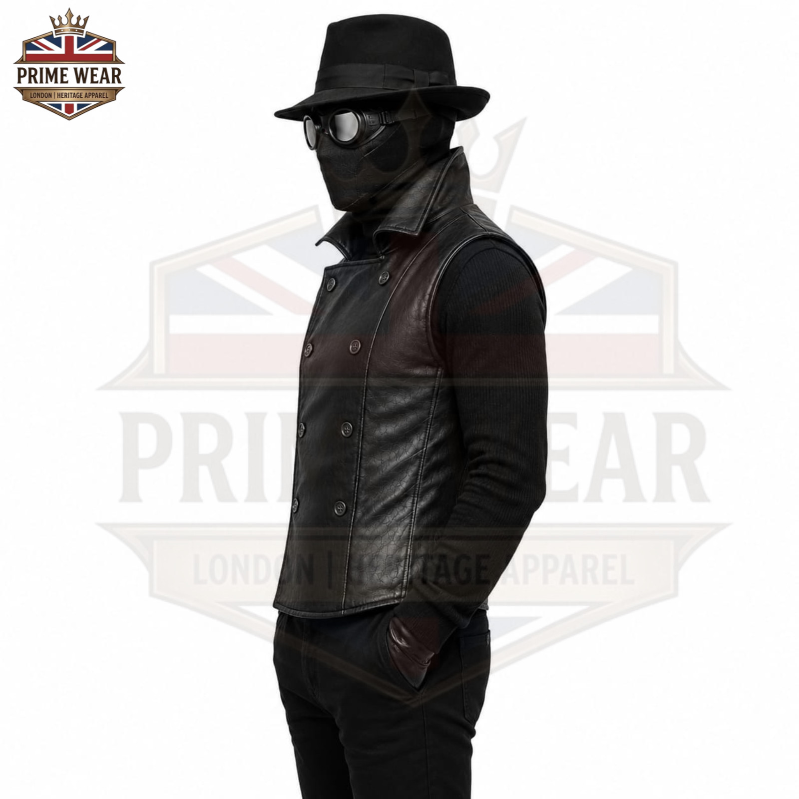 Men’s Black Genuine Spider Noir Leather Double Breasted Sleeveless Vest