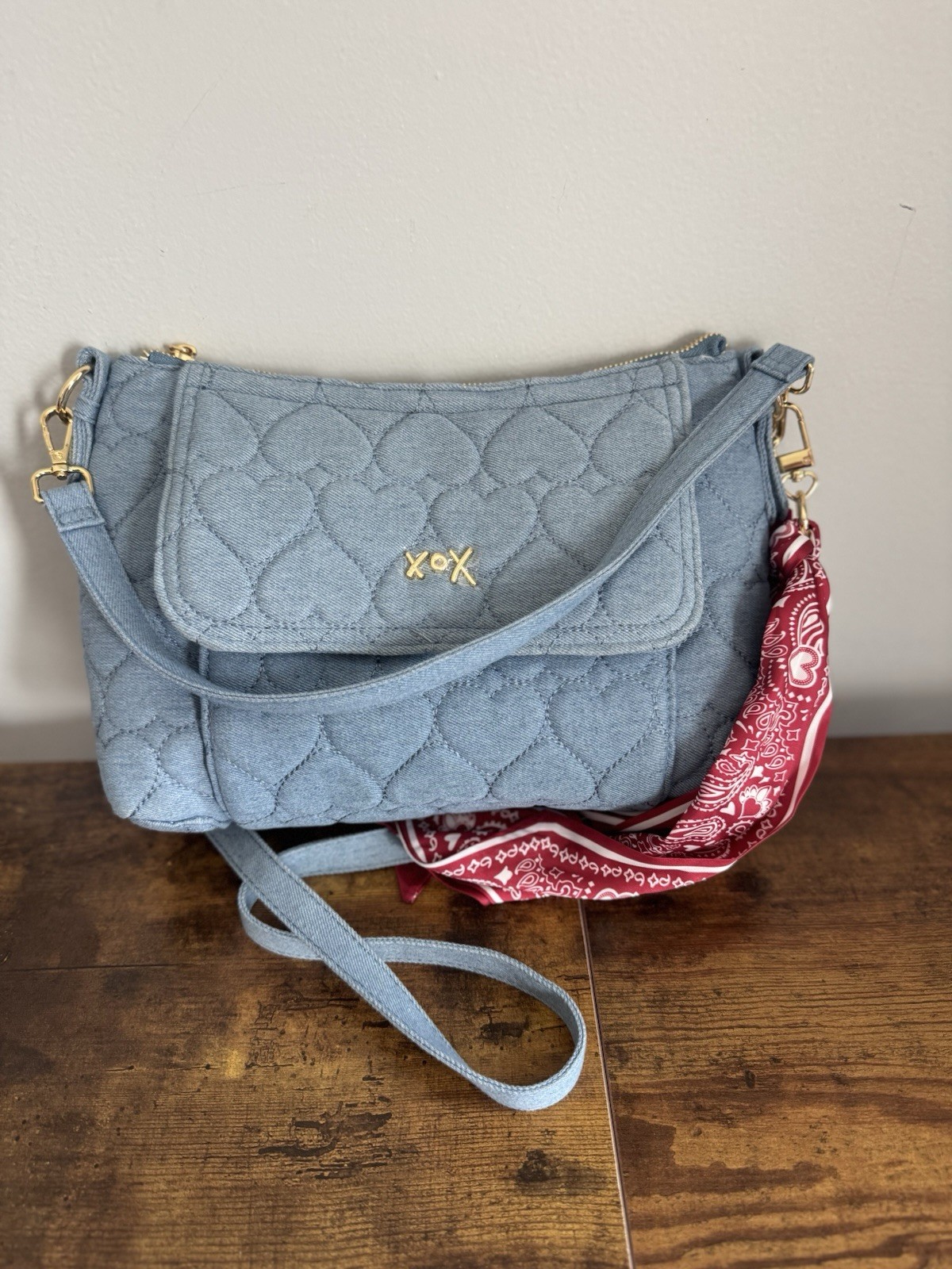Betsey Johnson Quilted Heart Crossbody Bag in Light Blue Denim