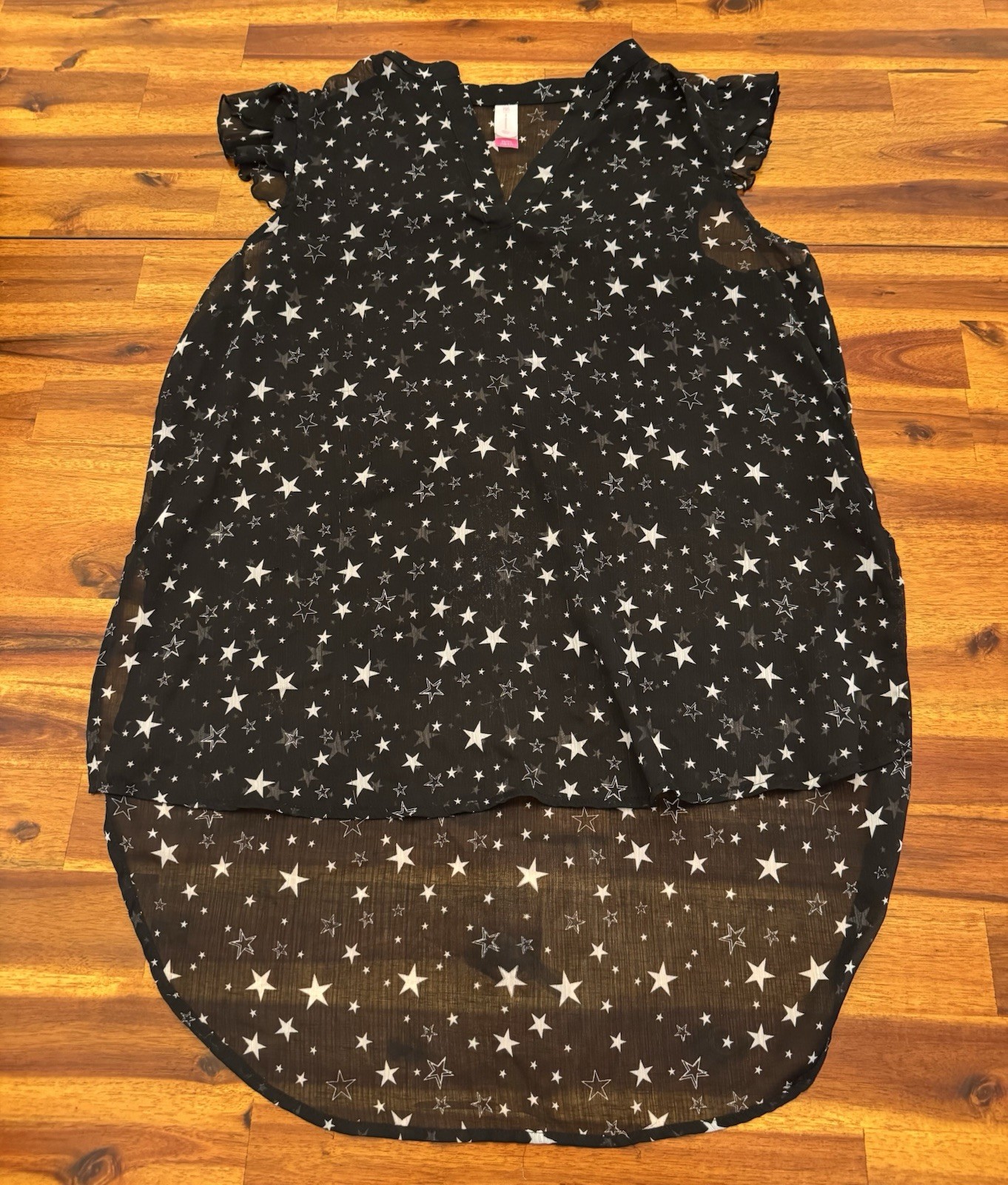 No Boundaries Black/White Star Sheer V-Neck Sleeveless Ruffle Blouse XL 15-17