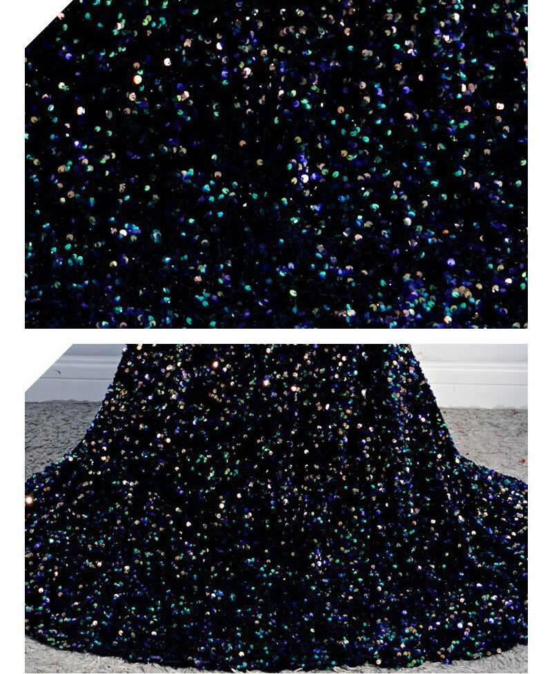 Black Sequined Slim Mermaid Sweep Train Long Maxi Ball Gown Dress Party Princess