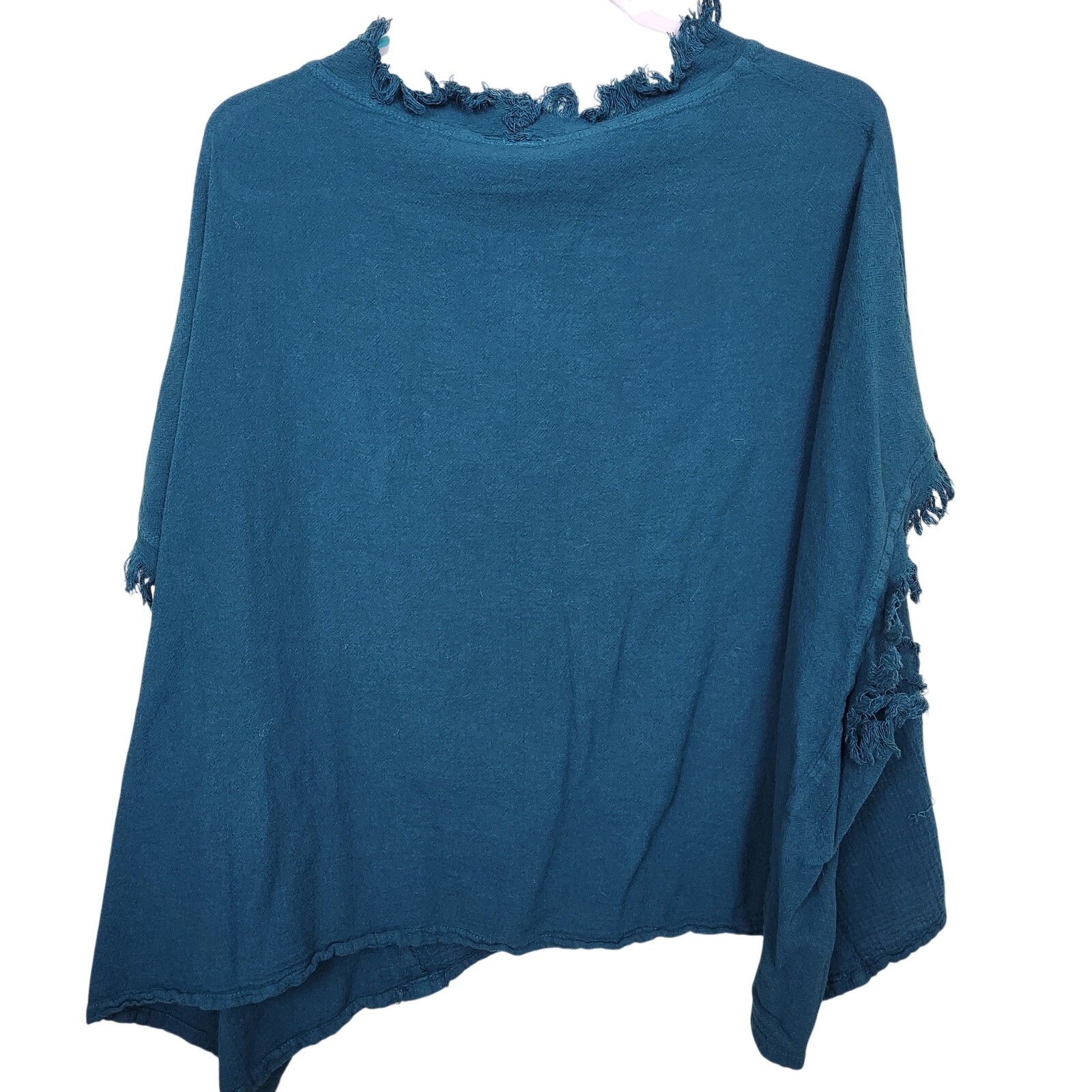 Oh My Gauze Teal 100% Cotton Boho Lagenlook Fringe Poncho Top Tunic One SZ Artsy