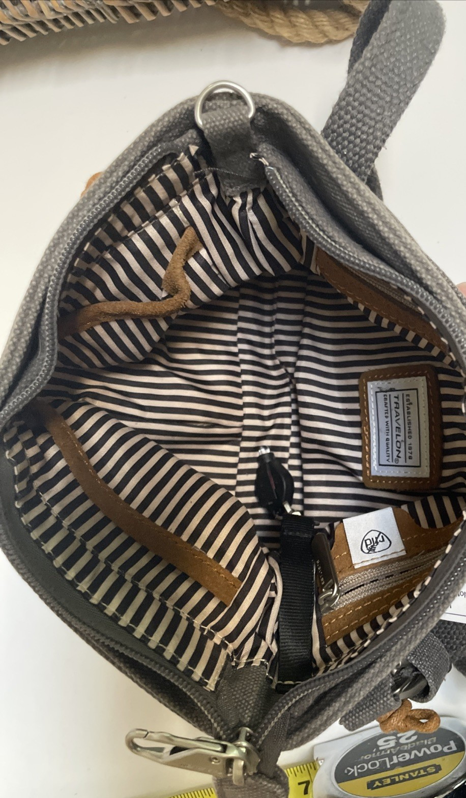 Travelon Anti-Theft Heritage Women’s Crossbody Bag Purse Gray Canvas RFIDw/light