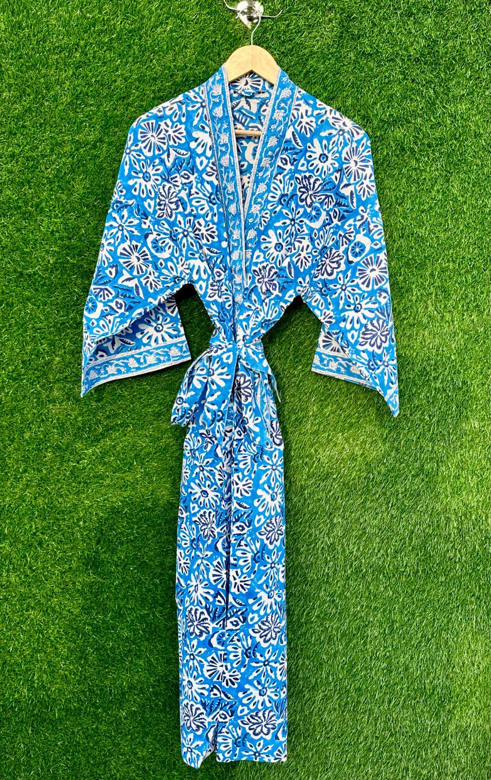 Women’s Cotton Kimono Robe Blue Floral hand block Print Dressing Boho Bathrobes