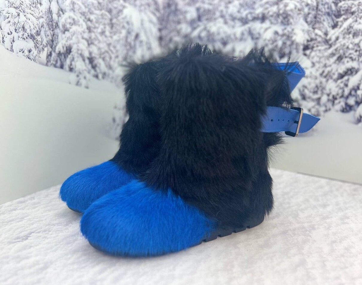 Black blue genuine goat fur snow boots for women after ski furry boots, mukluks