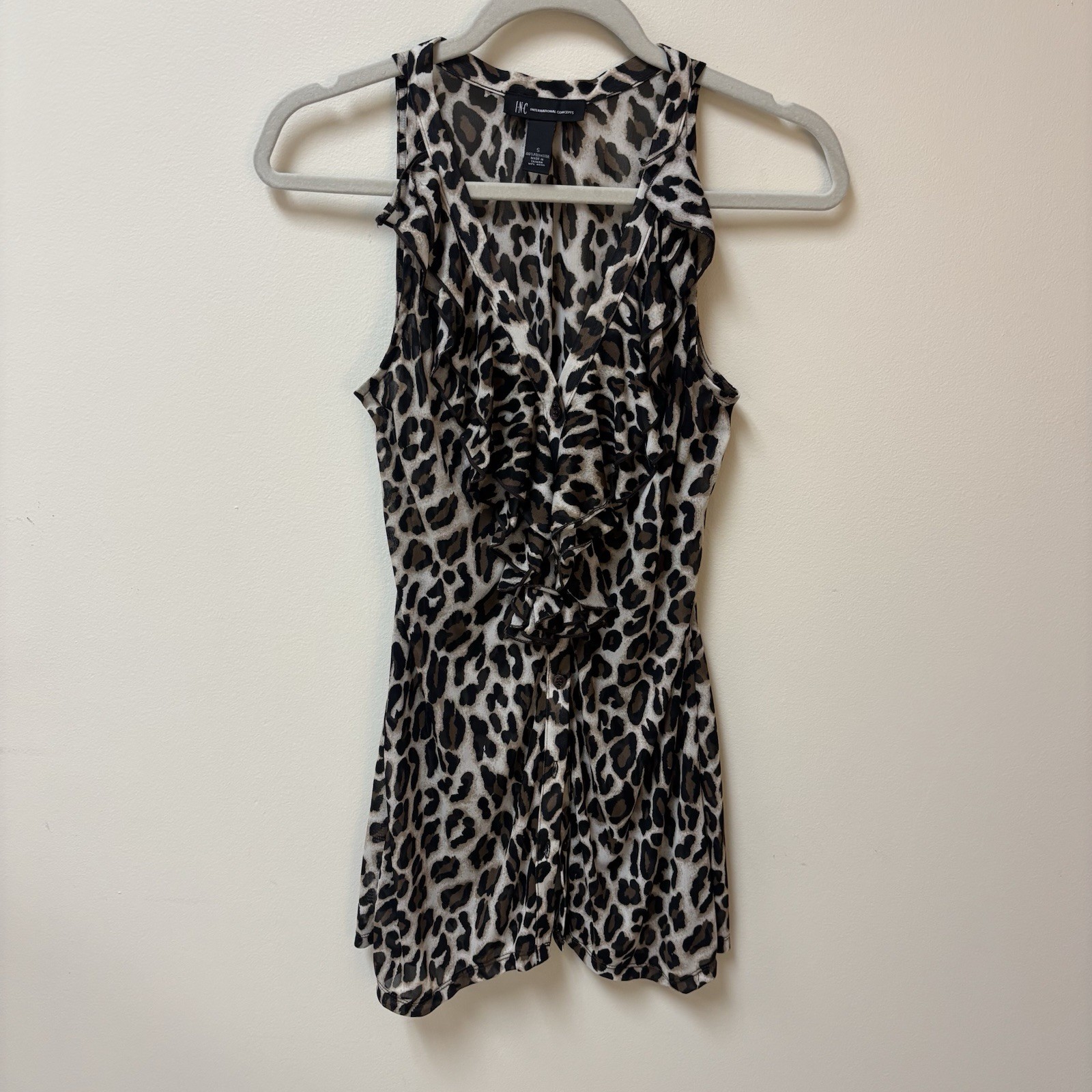 INC International Concepts Blouse Leopard Ruffle Sheer Size Small