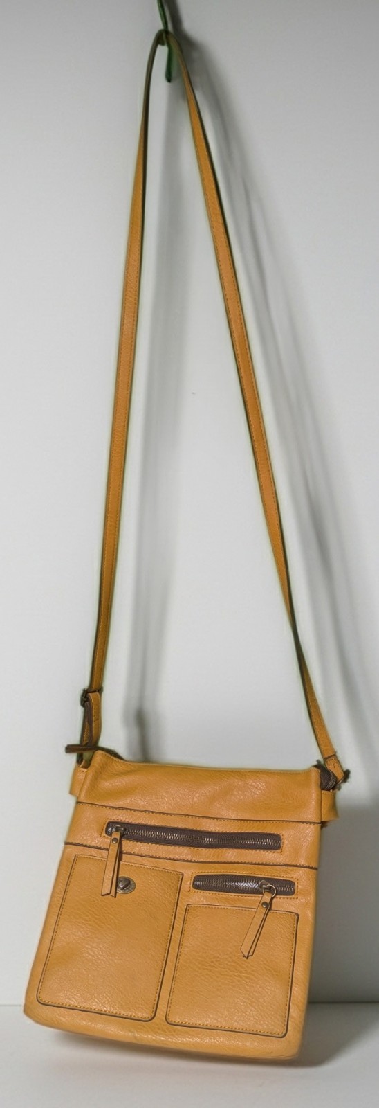 Mustard Faux Leather Crossbody Bag Multi Zip Organizer Adjustable Strap
