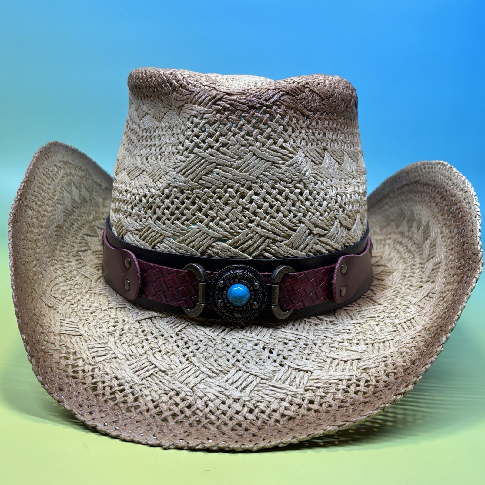 Cowboy Hat Tea-Stained Straw Western, Shapable Brim, 22in/56cm circ, blue