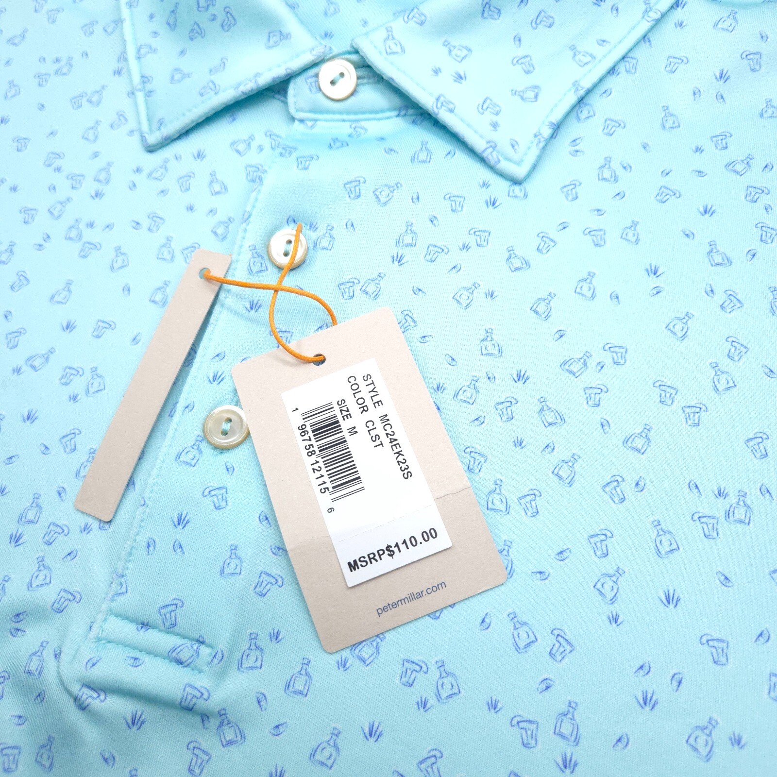 PETER MILLAR GOLF POLO SHIRT -M- AQUA BLUE WHITE COCKTAIL DOT SUMMER COMFORT